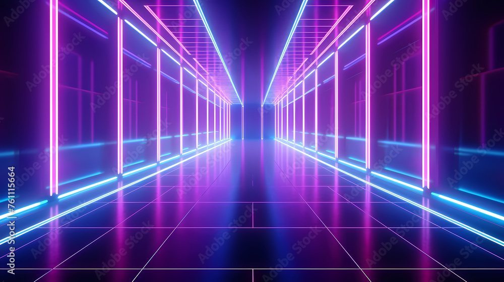 Futuristic empty neon corridor model