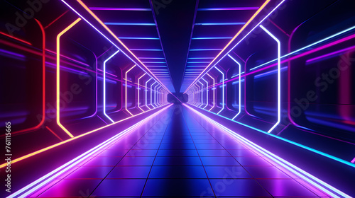 Futuristic empty neon corridor model