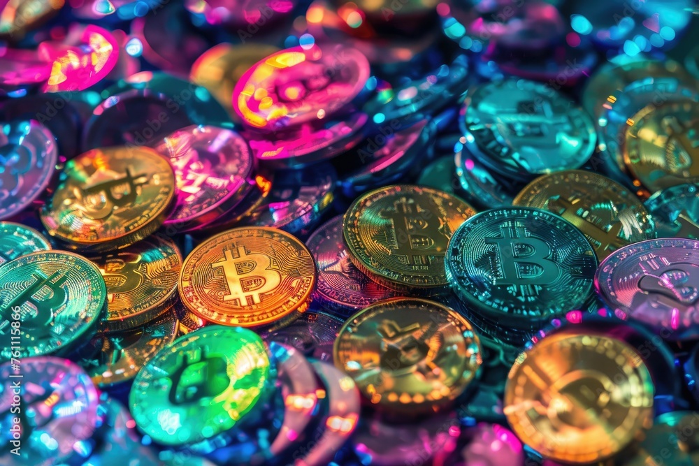 Gold Bitcoin Coin on Colorful Background. Cryptocurrency bitcoin Stacks, Neon Light glowing, Shiny Bokeh Glittering Virtual Money Close Up. Copy Space for Banner, Poster, Bitcoin Card, Wallpaper