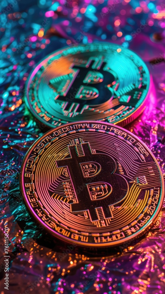 Gold Bitcoin Coin on Colorful Background. Cryptocurrency bitcoin Stacks, Neon Light glowing, Shiny Bokeh Glittering Virtual Money Close Up. Copy Space for Banner, Poster, Bitcoin Card, Wallpaper