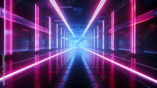 Futuristic empty neon corridor model