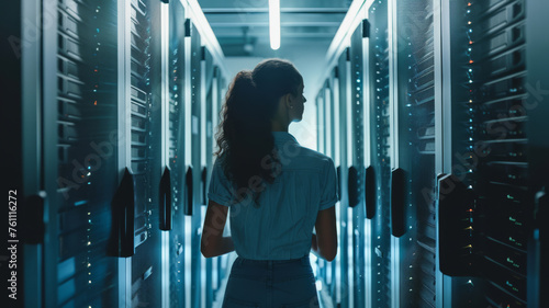 A young woman inspecting a room filled with cloud storage units. An intern for a large internet company.