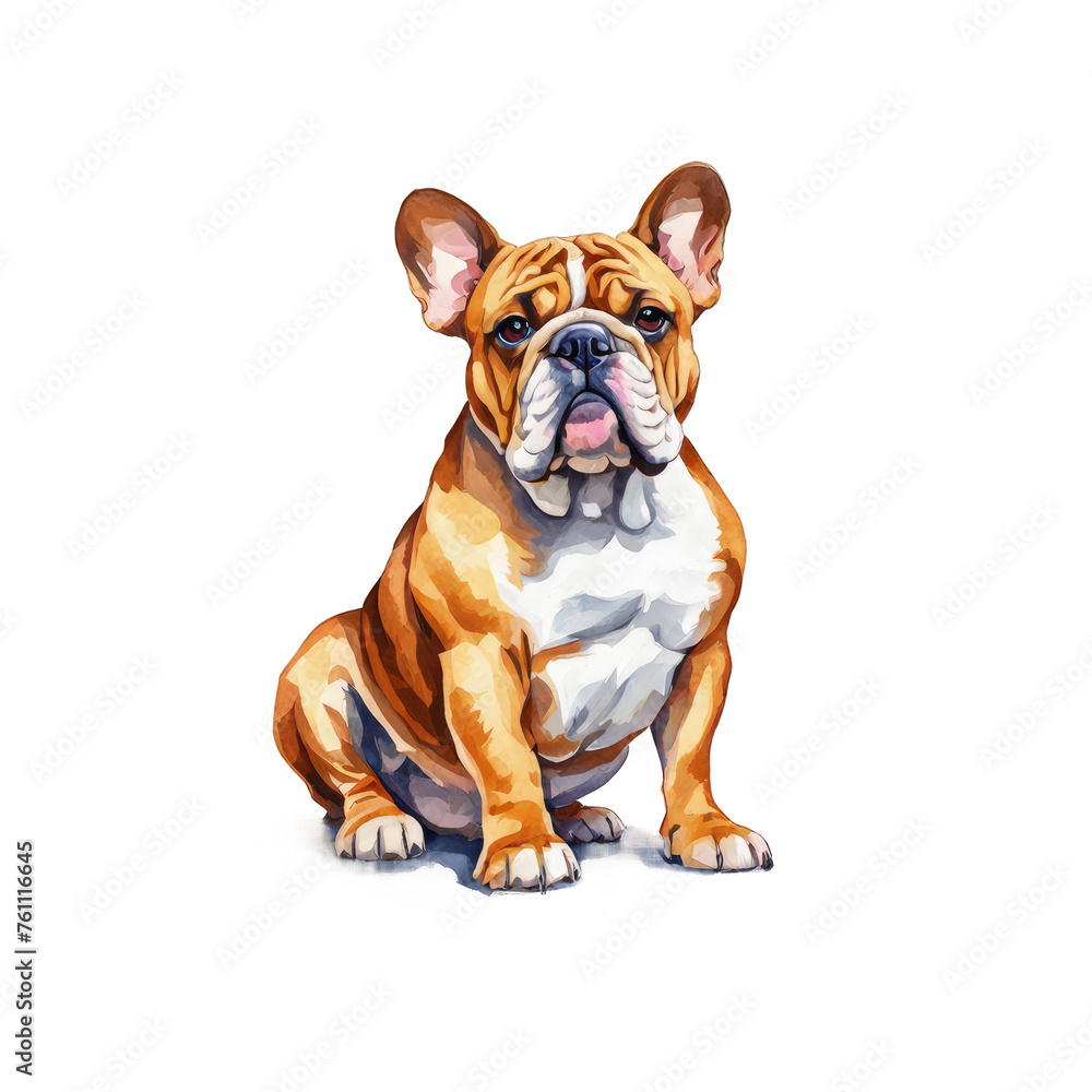 Bulldog watercolor illustration playful happy bulldog, cute dog breed, animal pet, domestic animal, vector illustration clipart, cutout on white background, dog illustration for ad promotion