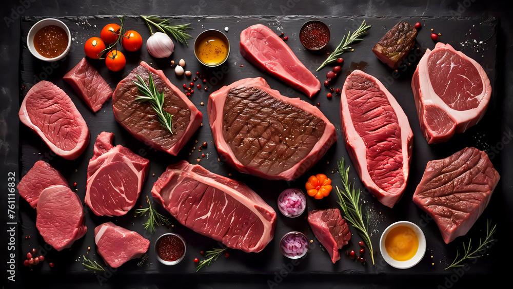 Sumptuous Symphony: A Captivating Culinary Canvas of Prime Beef Steaks and Luscious Raw Cuts on a Rustic, Dark Table Sumptuous Symphony: A Captivating Culinary Canvas of Prime Beef Steaks and Luscious Raw Cuts on a Rustic, Dark Table