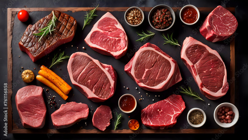Sumptuous Symphony: A Captivating Culinary Canvas of Prime Beef Steaks and Luscious Raw Cuts on a Rustic, Dark Table Sumptuous Symphony: A Captivating Culinary Canvas of Prime Beef Steaks and Luscious Raw Cuts on a Rustic, Dark Table