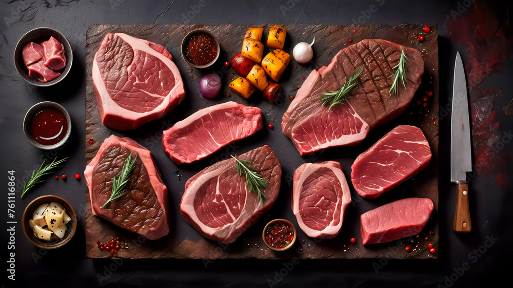 Sumptuous Symphony: A Captivating Culinary Canvas of Prime Beef Steaks and Luscious Raw Cuts on a Rustic, Dark Table Sumptuous Symphony: A Captivating Culinary Canvas of Prime Beef Steaks and Luscious Raw Cuts on a Rustic, Dark Table