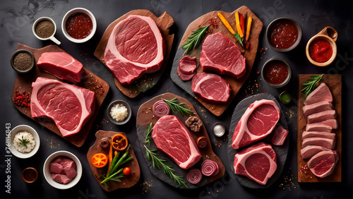 Sumptuous Symphony: A Captivating Culinary Canvas of Prime Beef Steaks and Luscious Raw Cuts on a Rustic, Dark Table