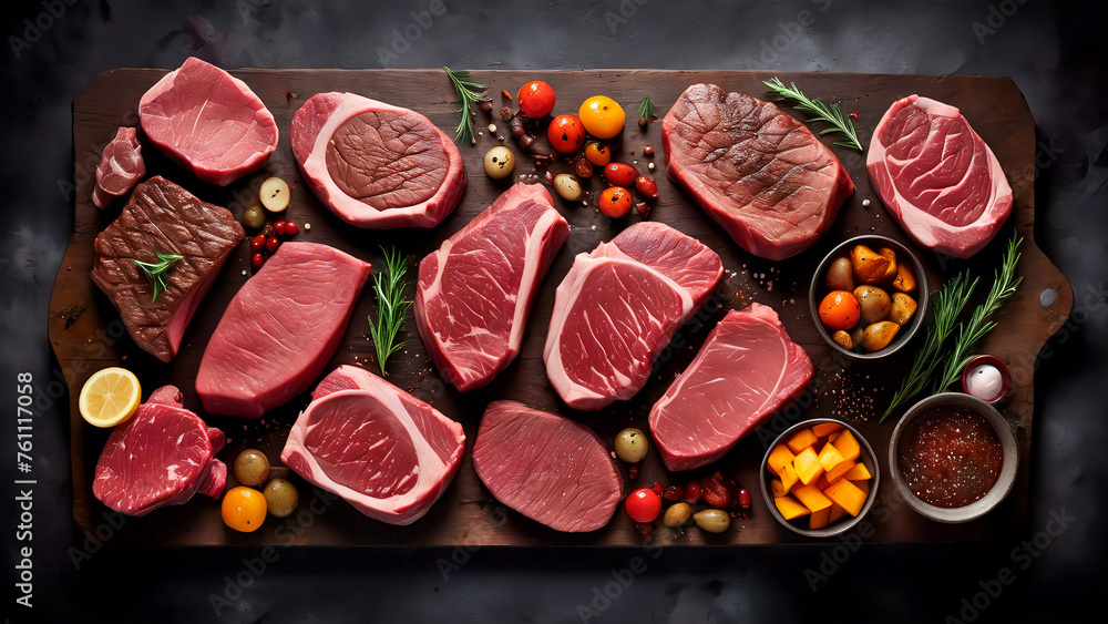 Sumptuous Symphony: A Captivating Culinary Canvas of Prime Beef Steaks and Luscious Raw Cuts on a Rustic, Dark Table Sumptuous Symphony: A Captivating Culinary Canvas of Prime Beef Steaks and Luscious Raw Cuts on a Rustic, Dark Table
