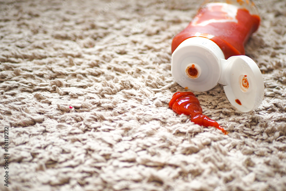 Tomato stain on a carpet indoors, - obrazy, fototapety, plakaty 
