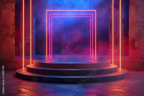 Futuristic Digital Podium Stage, Blue and Purple Neon Lights Form Glowing Square Lines Against a Dark Background, Surrounded by Smoke
