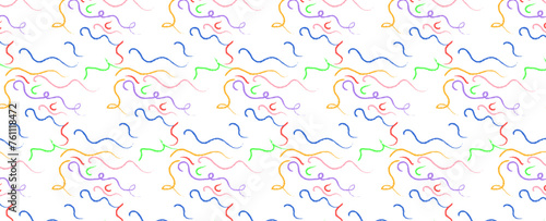 Multi colored squiggles with circles seamless pattern. Brush drawn bold curved lines, waves and swirls. Abstract fun colorful background with organic bold lines. Childish doodles and scribbles. vector