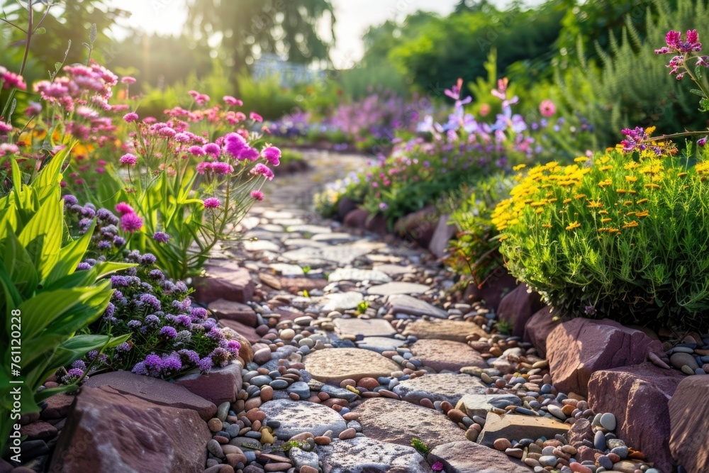 A picturesque stone pathway meanders through a vibrant flower garden, highlighting nature's beauty in a tranquil, well-tended outdoor setting