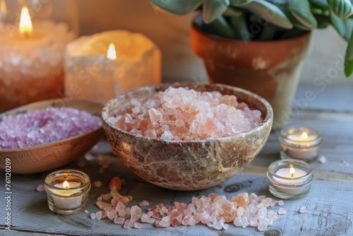 A soothing series of images presenting pink Himalayan salt in handcrafted bowls  complemented by soft candlelight and greenery for a serene home setting