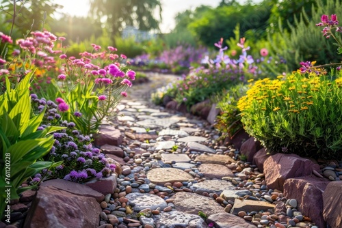 A picturesque stone pathway meanders through a vibrant flower garden, highlighting nature's beauty in a tranquil, well-tended outdoor setting