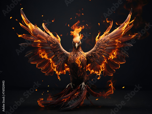 Flame phoenix with fiery wings spread wide in an isolated illustration.