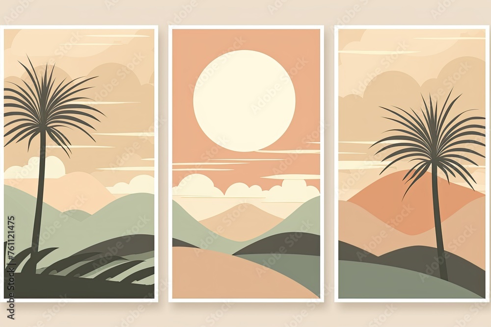 Obraz premium Abstract Palm Tree and Mountain Sunset, Wall Art Prints in Picture Frame