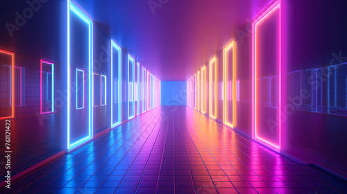 Glowing corridor background, modern corridor illuminated by neon lights © ma