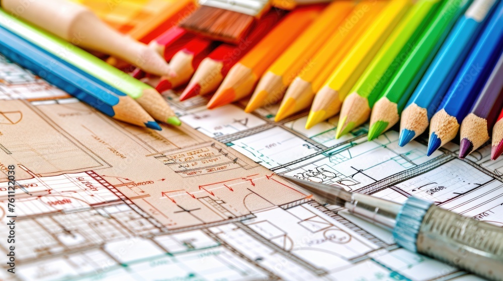 Fototapeta premium Close up of Architect designer Interior creative working hand drawing sketch plan blue print at office studio.