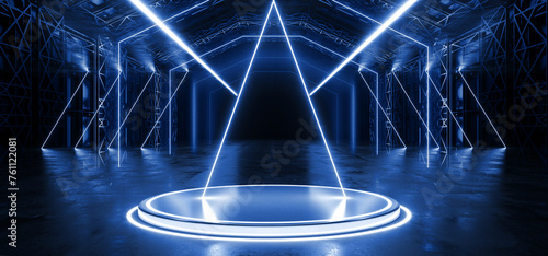 Sci Fi Cyber Futuristic Neon Laser Blue VIbrant Triangle Lights On Alien Modern Hall Stage Podium Tunnel Corridor Metal Concrete Made Garage 3D Rendering
