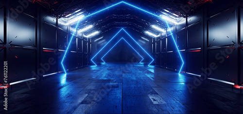 Sci Fi Cyber Futuristic Neon Laser Blue Arc Lights VIbrant Alien Modern Metal Hall Stage Podium Tunnel Corridor Metal Concrete Made Garage 3D Rendering © IM_VISUALS