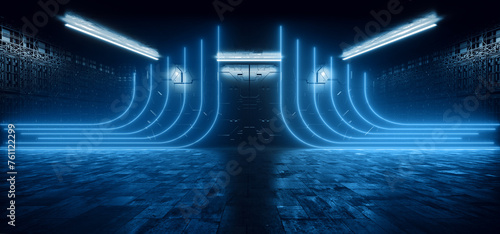 Sci Fi Cyber Futuristic Neon Laser Blue VIbrant Line Lights On Alien Modern Hall Stage Podium Tunnel Corridor Metal Concrete Made Garage 3D Rendering