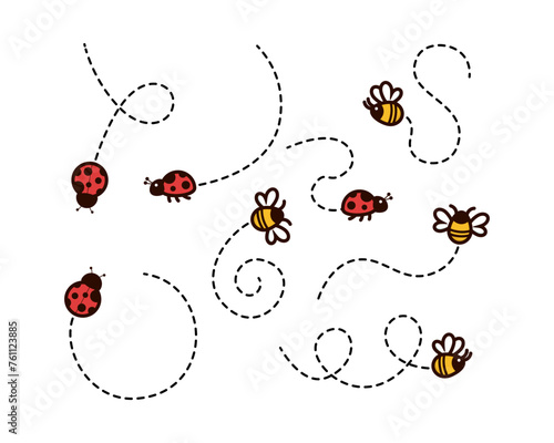 cute cartoon design of ladybugs and honeybees with a trail behind them