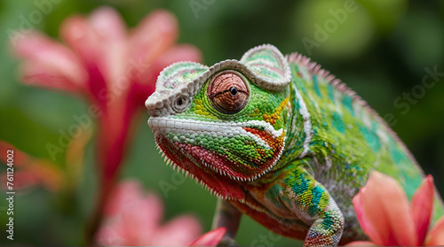 beautiful green colorful Chameleon lizard moving slowly eye.generative.ai