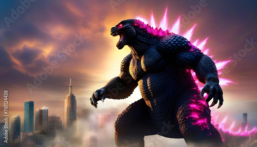 A pink Godzilla facing off against King Kong in a cityscape setting