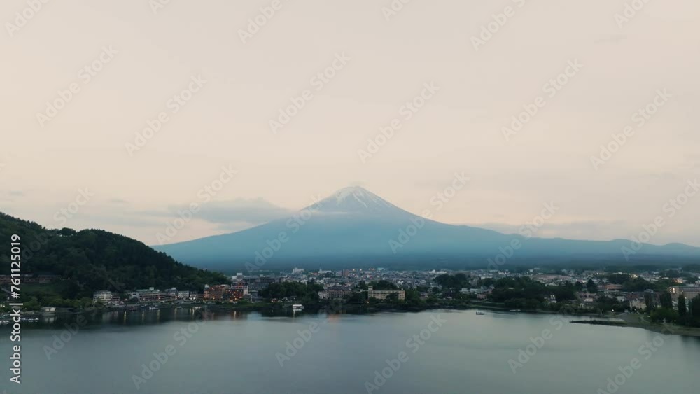 Panoramic View Of Beautiful Kawaguchi Lake In Front Of Snowy Fuji Mountain, Japan Panoramic View Of Beautiful Kawaguchi Lake In Front Of Snowy Fuji Mountain, Japan
