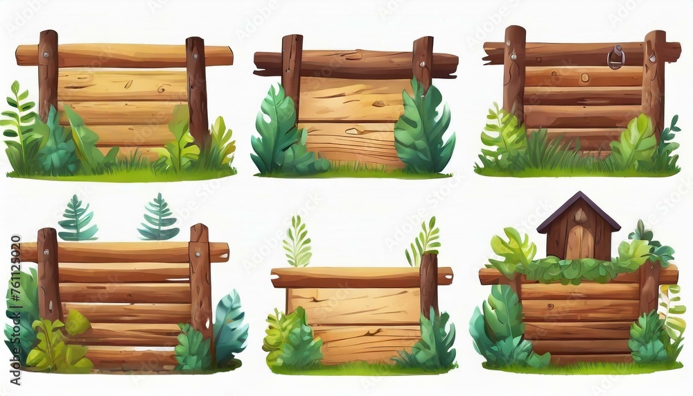 Several forest boards, flat icons set. Cartoon set of wooden boards and signposts with trees in the forest, isolated on white background. Several forest boards, flat icons set. Cartoon set of wooden boards and signposts with trees in the forest, isolated on white background.