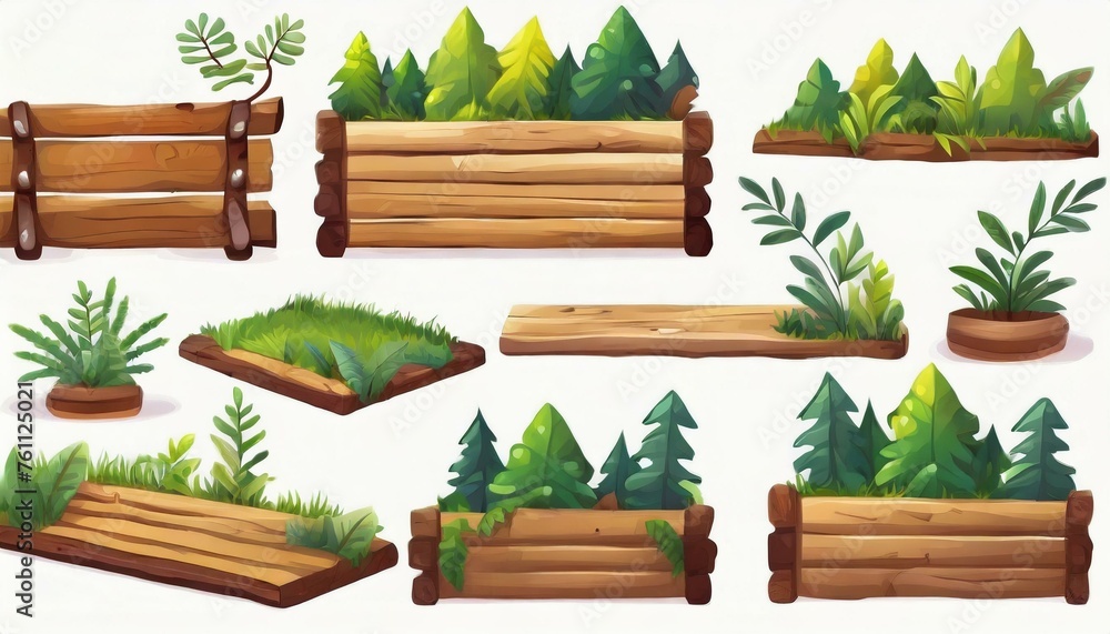 Several forest boards, flat icons set. Cartoon set of wooden boards and signposts with trees in the forest, isolated on white background. Several forest boards, flat icons set. Cartoon set of wooden boards and signposts with trees in the forest, isolated on white background.