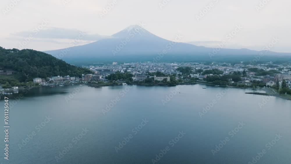 Orbit Shot Of Magnificent Kawaguchi Lake In Front Of High-rise Fuji Mountain, Japan Orbit Shot Of Magnificent Kawaguchi Lake In Front Of High-rise Fuji Mountain, Japan