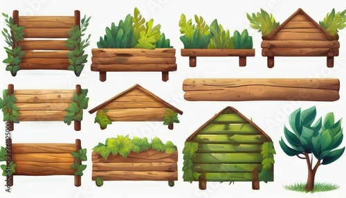 Several forest boards, flat icons set. Cartoon set of wooden boards and signposts with trees in the forest, isolated on white background. photo