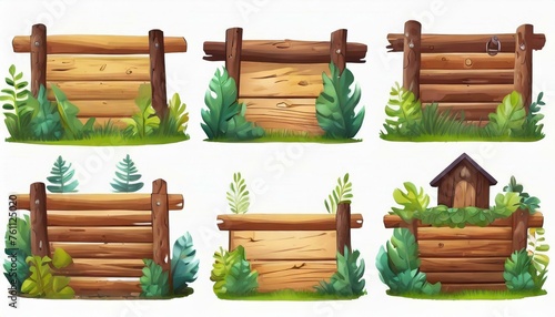 Several forest boards  flat icons set. Cartoon set of wooden boards and signposts with trees in the forest  isolated on white background.