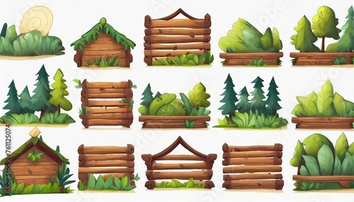 Several forest boards, flat icons set. Cartoon set of wooden boards and signposts with trees in the forest, isolated on white background. © Jame