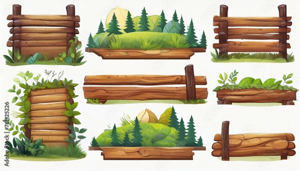 Several forest boards, flat icons set. Cartoon set of wooden boards and signposts with trees in the forest, isolated on white background. Several forest boards, flat icons set. Cartoon set of wooden boards and signposts with trees in the forest, isolated on white background.