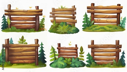 Several forest boards  flat icons set. Cartoon set of wooden boards and signposts with trees in the forest  isolated on white background.