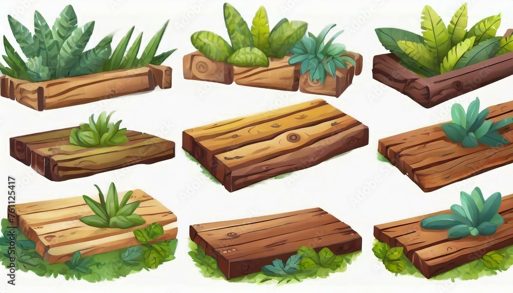 Several forest boards, flat icons set. Cartoon set of wooden boards and signposts with trees in the forest, isolated on white background. Several forest boards, flat icons set. Cartoon set of wooden boards and signposts with trees in the forest, isolated on white background.