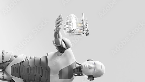 cyborg humanoid robot holding on palm hand a new motor engine prototype discovery new revolutionary invention unpolluted technology 3d rendering animation vertical photo
