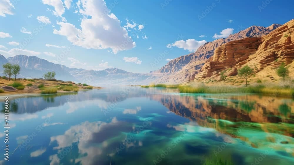 A wide shot of a desert oasis its crystal clear waters reflecting the vivid hues of the sky above. A wide shot of a desert oasis its crystal clear waters reflecting the vivid hues of the sky above.