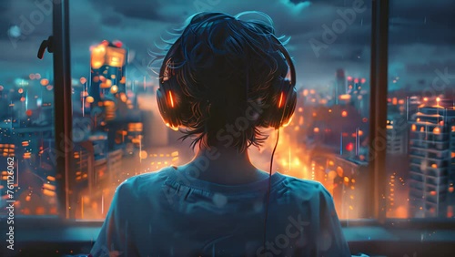 boy listening to music with headphones in bedroom photo