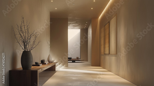 Modern minimalist hallway with recessed lighting and artful decor pieces