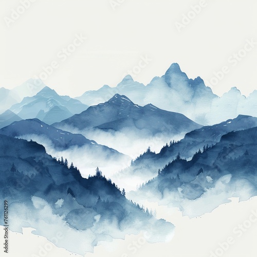 Watercolor mountain silhouettes with a misty background