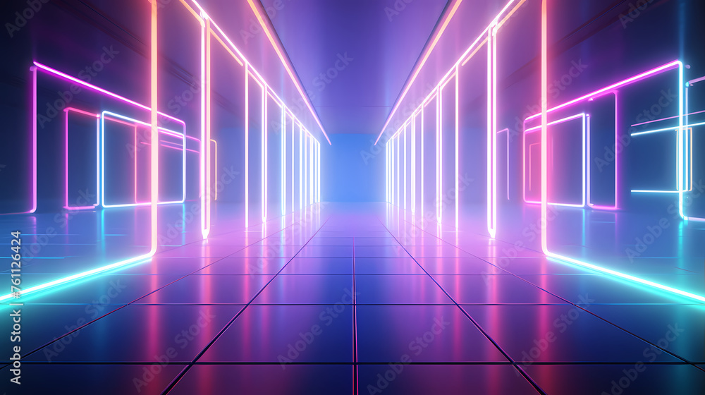 Futuristic sci-fi corridor with glowing and vibrant neon lights Futuristic sci-fi corridor with glowing and vibrant neon lights