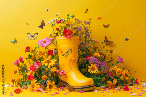 Bright yellow rain boots with colorful flowers, perfect for spring gardening photo