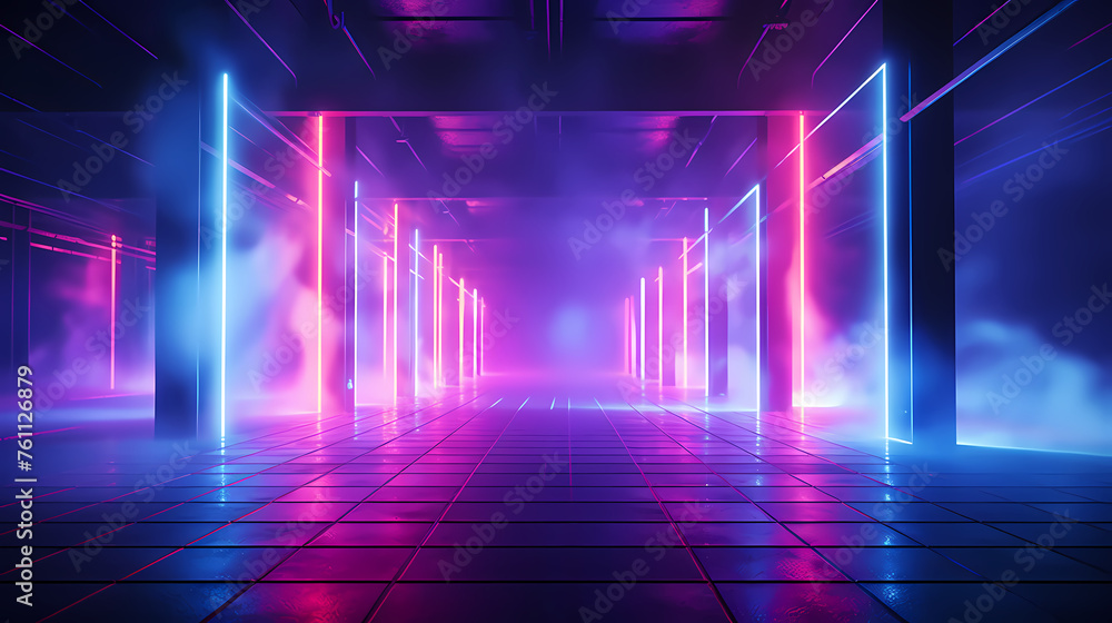 Futuristic sci-fi corridor with glowing and vibrant neon lights Futuristic sci-fi corridor with glowing and vibrant neon lights