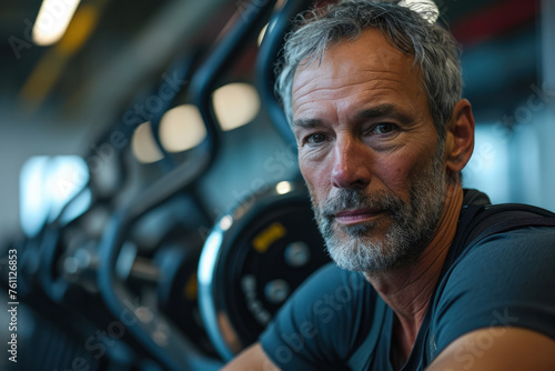 Portrait of a 45-50 years old man with sport clothes in fitness interior. Concept of relaxation after sports, confidence and self-confidence.