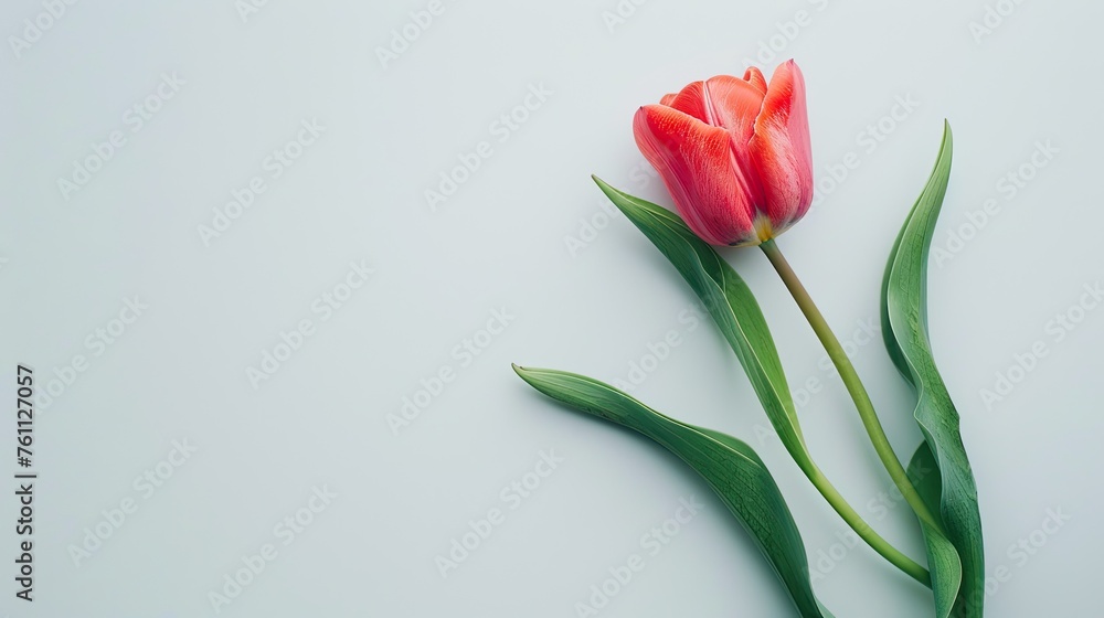 The elegance of a red tulip is captured on a pristine white background, its leaves gracefully reaching out. The elegance of a red tulip is captured on a pristine white background, its leaves gracefully reaching out.