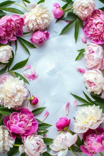 Flat lay of spring flowers arrangement. Empty frame for text, pink and white flowers on a light blue background.