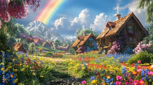 Alpine Flower Village with Rainbow, Capturing Serenity and Natural Splendor